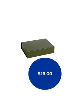 a green box with a $ 16 00 price tag in front of it on a white background