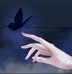 a person's hand reaching for a blue butterfly flying in the sky above them