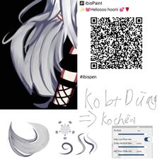 an anime character with long white hair and gray eyes is looking at the camera, next to a qr code