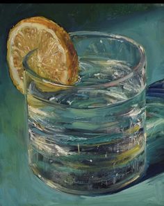 an oil painting of a glass filled with water and orange slice sitting on top of it