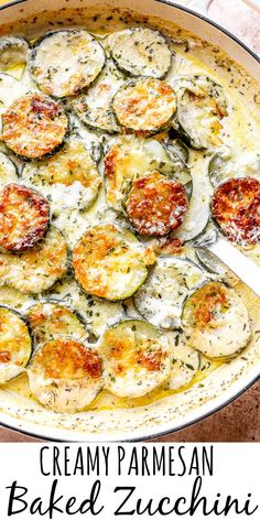 baked zucchini with creamy parmesan sauce in a skillet