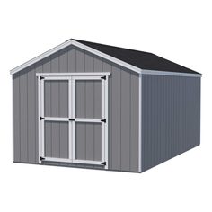 a gray shed with windows on the side