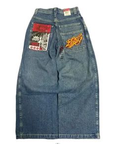 JNCO *Replica* Skate Jeans - Baggy Pants Style Only Limited Available! Vintage Baggy Jeans - Original JNCO Replica Style Skate Pants Only Limited Available! FREE SHIPPING (Please allow 10-20 days for delivery) Get a vintage look with these streetwear baggy jeans. Made with high-quality materials, these jeans offer both style and comfort. The loose fit and distressed details add a unique touch to your outfit, perfect for any casual occasion. Pair them with a simple t-shirt or a bold graphic hoodie to complete the look. These jeans are a must-have for any fashion-forward individual looking to add some edge to their wardrobe. Get them now and stand out from the crowd!  Size Table (cm) S Waist:78cm Hips:108cm Length:104cm slack bottom:50cm M Waist:80cm Hips:110cm Length:105cm slack bottom:52cm Y2k Baggy Jeans, Goth Streetwear, Ropa Hip Hop, Y2k Party Outfit, Harajuku Men, Hip Hop Jeans, Y2k Men, Denim Decor, Streetwear Jeans