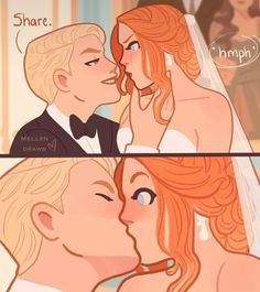 two cartoon images of a bride and groom kissing each other with words above them that say share