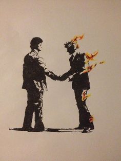 two people shaking hands with fire in their hands on a piece of paper that has been drawn onto it