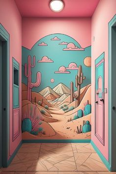 an empty hallway painted with desert scenes and cactus trees on the wall, along with two doors leading to another room