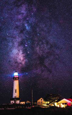 a lighthouse under the night sky with stars