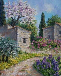 a painting of an old stone house with flowers in the foreground and trees in the background