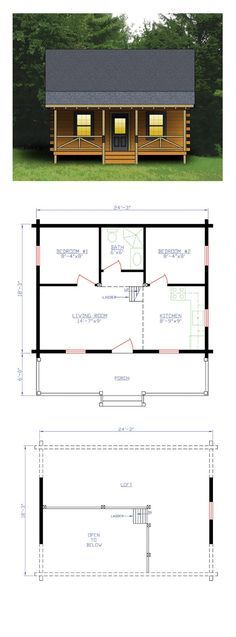 the floor plan for a small log cabin with loft and living quarters, is shown