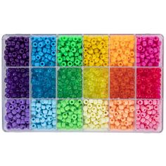 a box filled with lots of different colors of bead beads in each one's tray