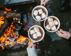 three people holding mugs of hot chocolate over an open fire with marshmallows