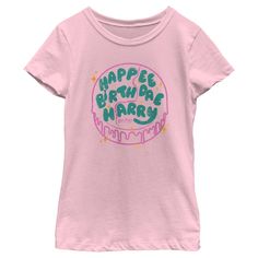 Have a fantastical birthday this year and unlock magical secrets hiding in the closet under the stairs with these officially licensed Harry Potter styles! Head to Hogwarts with your favorite witches and wizards and learn to defeat He Who Shall Not Be Named! This Girls' Harry Potter and the Deathly Hallows Happee Birthdae Cake Graphic T-Shirt features a pink birthday cake that reads the iconic quote from the movie: "Happee Birthdae Harry" in green lettering and the classic movie logo in matching Harry Potter List, Happee Birthdae Harry, Harry Potter Graphic Tees, Cake Graphic, Happy Birthday Harry Potter, Happy Birthday Harry, Harry Potter Colors, Pink Birthday Cake, Harry Potter Shirt