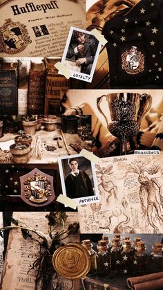 an assortment of harry potter themed items including books, pictures, and other things that are on display