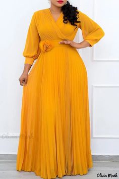 Olivia Mark - Elegante vestido recto amarillo de patchwork para mujer con escote en V y detalle de cinturón Commuter Fashion, Yellow Long Dress, A Line Long Dress, Plus Size Long Dresses, Straight Dresses, Straight Clothes, Elegant Maxi Dress, Chiffon Dress Long, Lantern Sleeve Dress