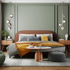 a modern bedroom with green walls and wooden furniture, including a bed in the middle