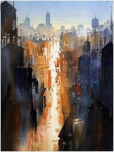 an abstract painting of a cityscape with buildings and people walking down the street