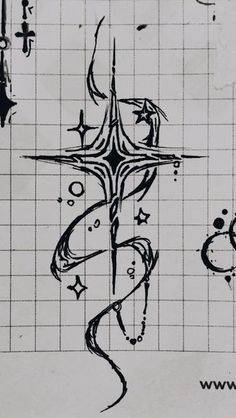 an ink drawing of a cross with stars and swirls on the background, in black and white