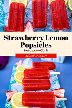 strawberry lemon popsicles on a blue tray with strawberries and lemons in the background