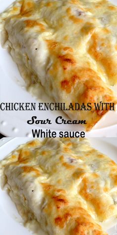 chicken enchiladas with sour cream white sauce are on plates, ready to be eaten