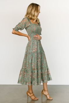 Dresses Long Sleeve Midi, Women’s Boho Dresses, Elegant Spring Dress, Mid Sleeve Dress, Easter Outfit Women Mid Size, Spring Long Sleeve Dress, Smocked Dresses For Women, Sage Green Dress Floral, Mormon Wedding Guest Outfit