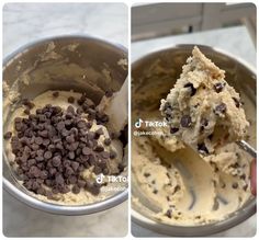 two pictures showing how to make chocolate chip cookie dough in a mixing bowl with a spoon