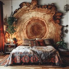 a bed with a wooden headboard made out of logs