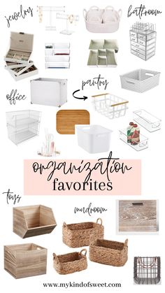 an organized bathroom with baskets and other items for organization, including soaps, toothbrushes