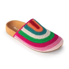 a crocheted slipper with multicolored stripes on the bottom and soles