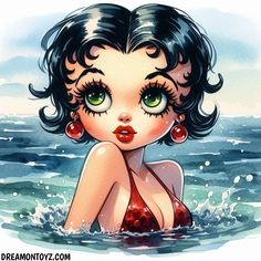 a drawing of a woman in the water with big green eyes and red earrings