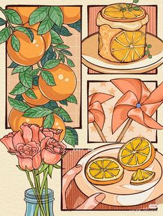 an illustration of oranges and flowers in vases on a table with plates, napkins and utensils