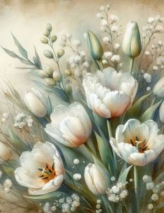 a painting of white tulips and baby's breath