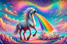a painting of a unicorn standing on top of a rainbow cloud covered field with a rainbow colored
