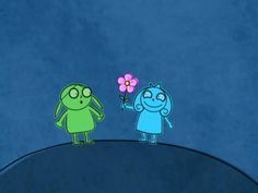 two cartoon characters holding flowers on top of a hill