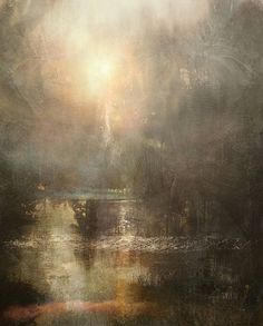 an abstract painting with light coming from the sky and water on it's surface