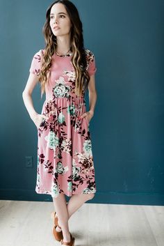 This modest floral is mauve. It has pockets and a girly floral print. It is casual, beautiful, and midi length. Shop now! #modestdresses #floraldress Pretty Floral Dress, Modest Summer, 2019 Style, Trendy Swimwear