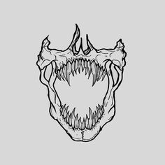 a black and white drawing of a monster's mouth with sharp teeth on a gray background