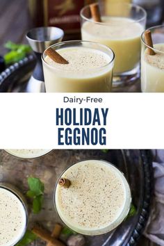 three glasses filled with eggnog sitting on top of a table