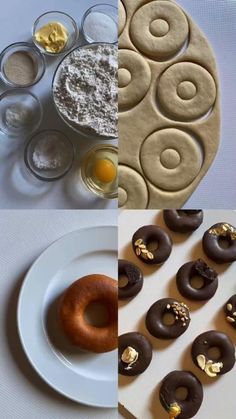 three different pictures with doughnuts and other ingredients on the same plate, along with an egg