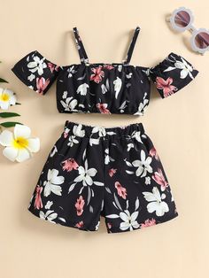 Black Boho  Short Sleeve Polyester Floral  Embellished Non-Stretch Summer Baby Clothing Couture, Kids Two Piece Outfits, Crop Top For Kids, Short Top Designs, Short Jumpsuit Outfit, Crop Tops For Kids, Stylish Kurtis Design, Cold Shoulder Crop Top, Baby Robes