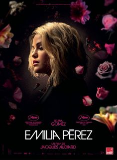 the movie poster for emilia perez, starring in spanish and english language with an image of a woman surrounded by flowers