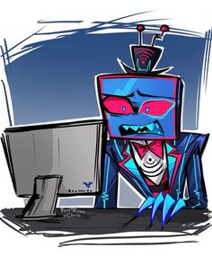 a drawing of a cartoon character sitting in front of a computer monitor with an angry look on his face