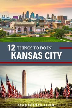 the kansas city skyline with american flags in front and an image of the capitol building