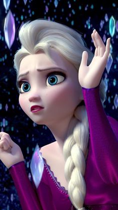 a frozen princess with long hair and blue eyes is waving to the side while wearing purple