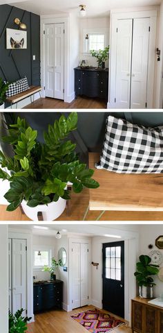 three different rooms with plants in them and on the floor, one has a black door