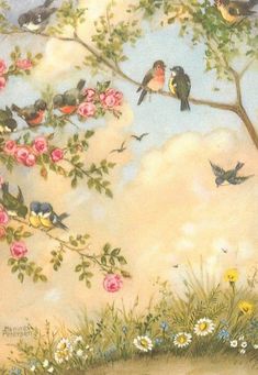 a painting of birds sitting on a tree branch with flowers and clouds in the background