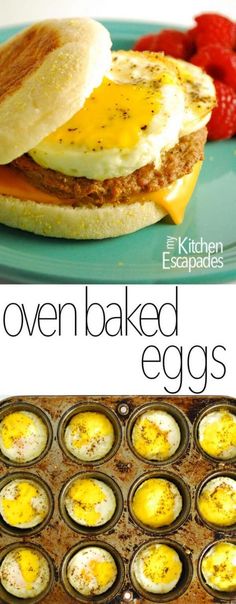 an egg muffin in a muffin tin with the words oven baked eggs on it