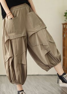 Khaki Elastic Waist Cozy Wide Leg Pants Celana Kargo, Lantern Pants, Look Jean, Frock Fashion, Stitching Dresses, Fashion Design Patterns, Casual Wide Leg Pants, Pants Summer