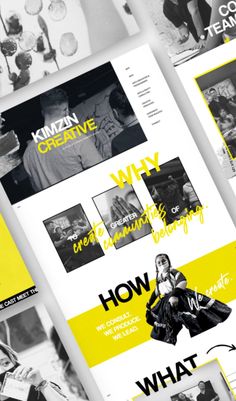 the website design is displayed in black and white, with bright yellow accents on it