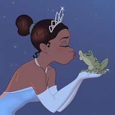 a woman in white dress kissing a frog on the nose with stars in the background