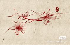 an artistic drawing of flowers and butterflies on a piece of paper with writing in chinese